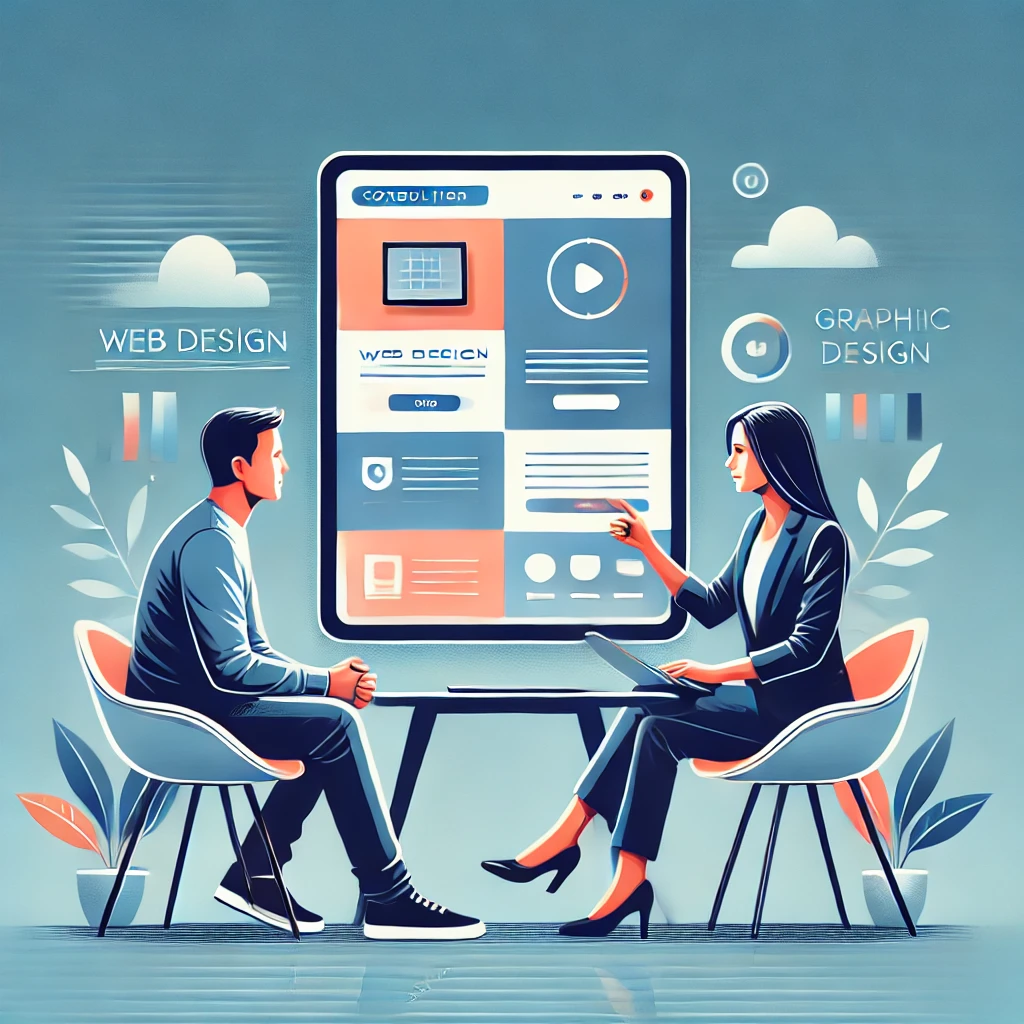 Beratung eines Kunden auf einem großen Tablet zum Thema Webdesign, Grafikdesign und E-Commerce im Vektorstil
*KIgeneriert